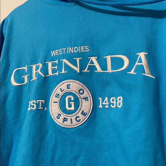 Joann Tops - GRENADA West Indies Turquoise Hoodie size Med Pit to Pit 22 inches embroidered
